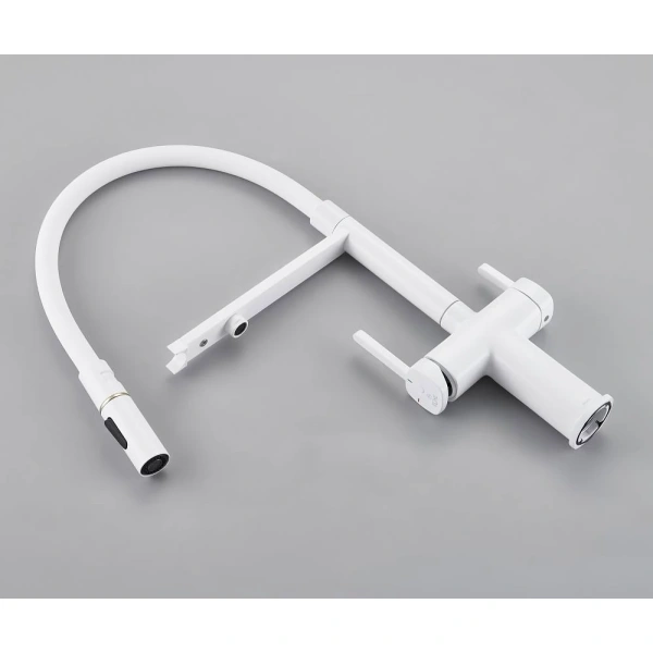 смеситель для кухни rose r358c с подключением к фильтру, гибким изливом, белый