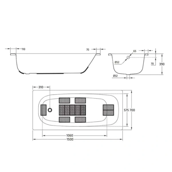 ванна стальная blb universal hg b50h handles 150x70 см, с отверстиями под ручки, белый
