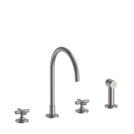 Смеситель Fantini Icona Classic 53 Q7 R051 для кухни, 4 отв, без донного клапана, излив 215 мм, с ручн. душем, цвет Raw Metal PVD