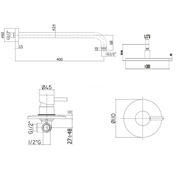 душевой комплект paffoni light kitlig011boking 30 см, белый матовый