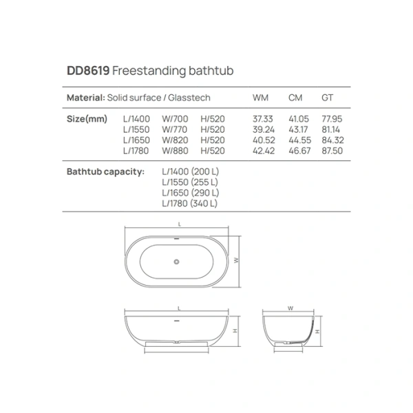 ванна dea design shadow dd8619 1650 18 отдельностоящая, 165x82xh52см., белый