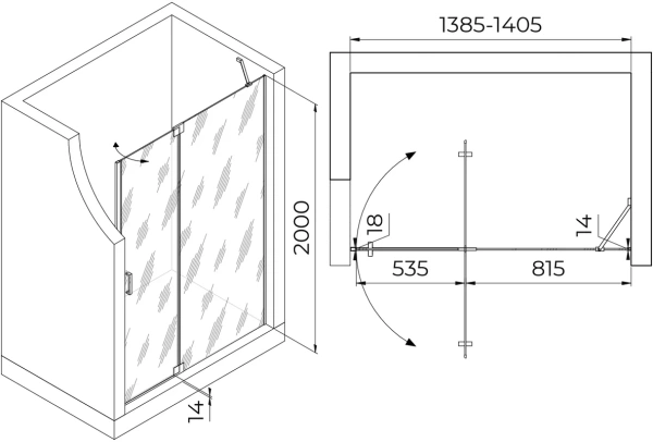 душевая дверь в нишу rgw hotel ho-014-gg 1400х2000 профиль серый, стекло прозрачное