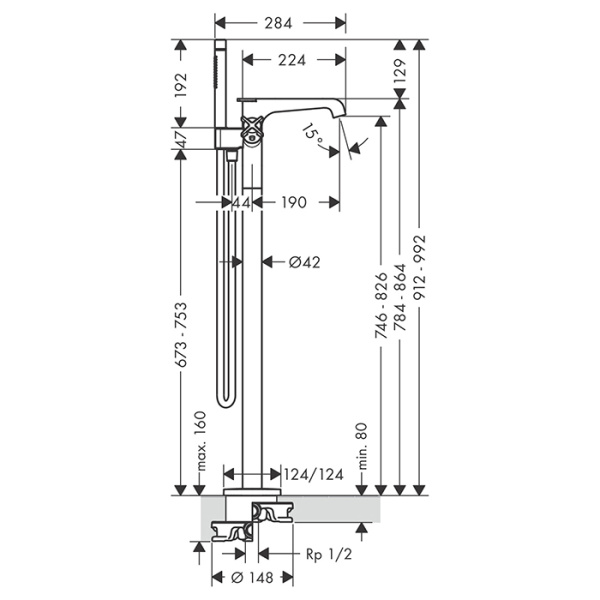 смеситель axor citterio e для ванны, напольный, термостатический, с ручным душем, цвет: шлифованный никель