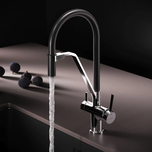 смеситель для кухни am.pm func f8f07802 coolstart, с подключением к фильтру, гибким изливом, хром/черный