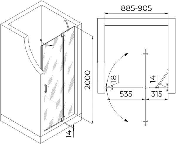 душевая дверь в нишу rgw hotel ho-014-gg 900х2000 профиль серый, стекло матовое