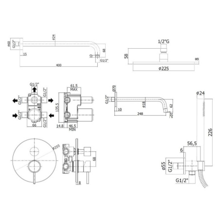 душевой комплект paffoni light kitlig019no046 22.5 см, черный матовый