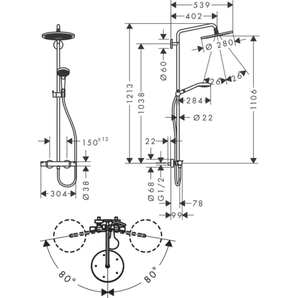 душевая система hansgrohe croma select s showerpipe 280 1jet 26890990