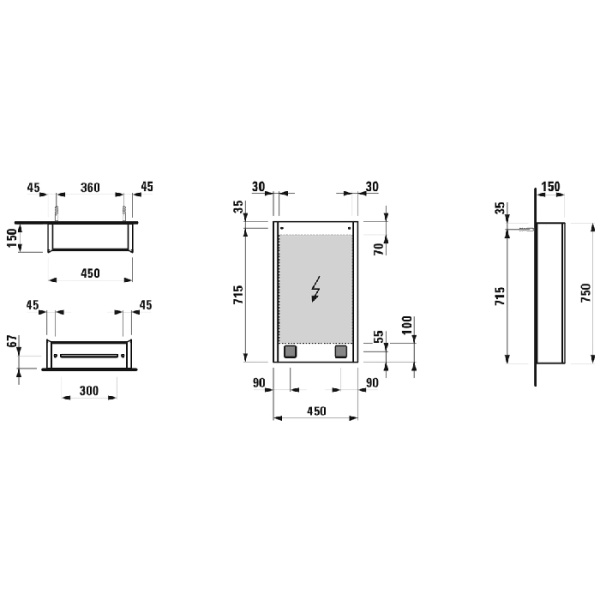 laufen laufen frame 25 зеркальный шка 45x15x75см., алюминий, 1 дверца с зеркалом с 2х сторон, dx, сенс. выкл., 2 розетки, 2 верт-х эл-та led-подсветки (регул-ая яркость), с окружающим освещением (внизу)
