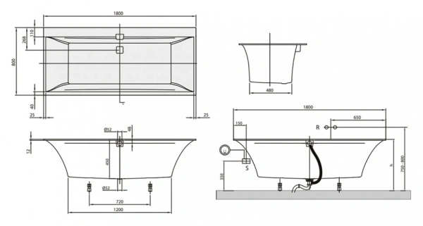 квариловая ванна villeroy&boch squaro edge12 ubq180sqe2dv-01 180x80 см