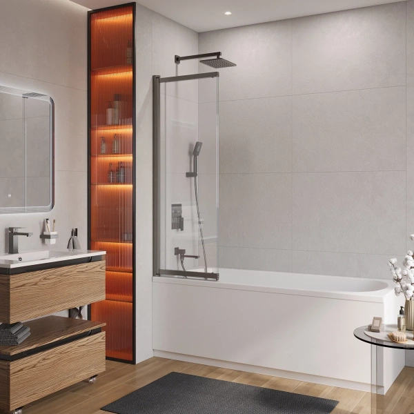 шторка для ванны cezares slider slider-vf-11-90/150-c-gm 89 см, профиль оружейная сталь матовый, стекло прозрачное