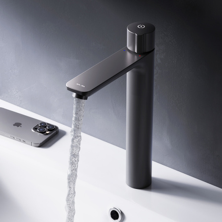 смеситель для раковины am.pm x-joy f85a92522 нажимной touchreel, высокий, черный матовый