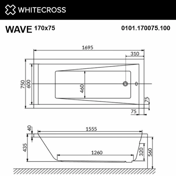 акриловая ванна whitecross wave 170x75 0101.170075.100 без гидромассажа