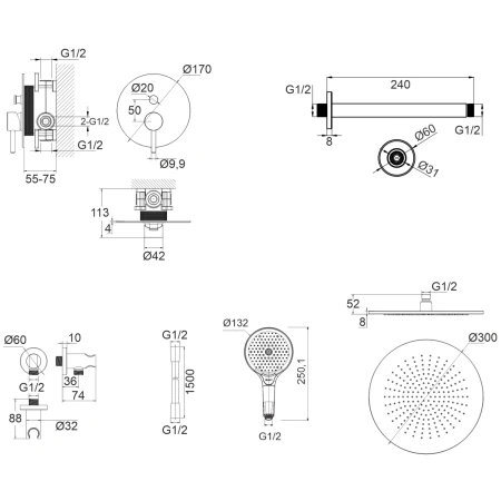 душевой комплект whitecross y yset12topgl 300 мм, со смесителем, золотой