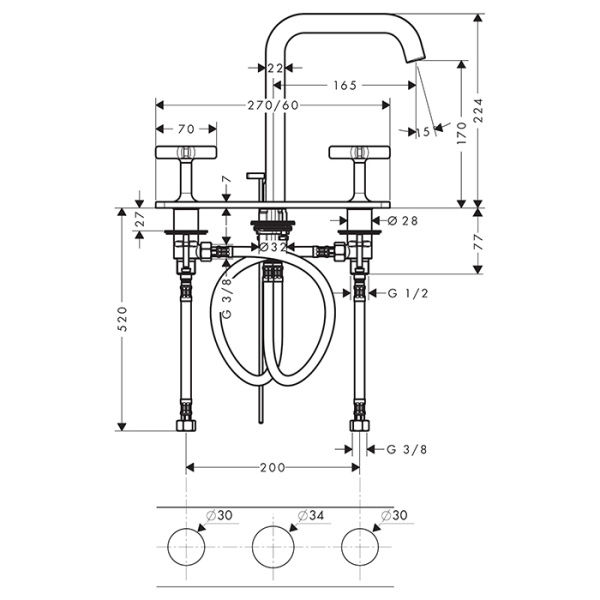 смеситель axor citterio e для раковины, на 3 отв., с панелью и донным клапаном, цвет: шлифованный никель