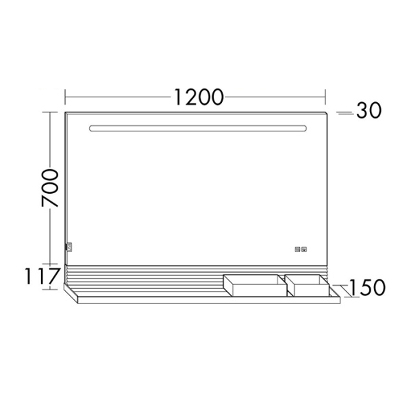 зеркало 120x70 см burgbad fiumo sfxp120fot2 подсветка led, сенс выкл, обогрев, корпус alu-optik, 2 ящика ,рейлинг черные,панель fot2 белая
