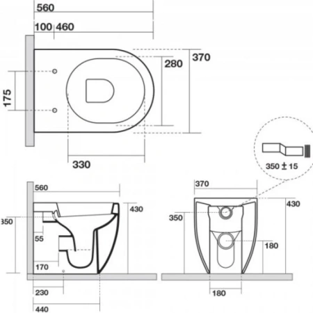 унитаз kerasan flo 311801 приставной, с креплением, без сиденья и бачка, 56x37 см, bianco lucido