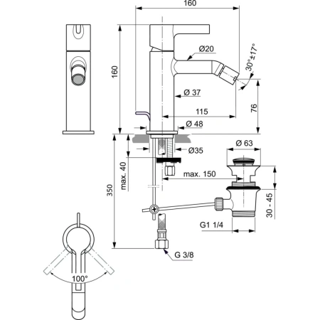 смеситель ideal standard joy bc784aa для биде, с донным клапаном, хром