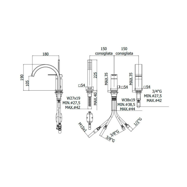 смеситель paffoni ringo rin040lno на борт ванны, на 3 отверстия, с душем, излив каскад, черный матовый