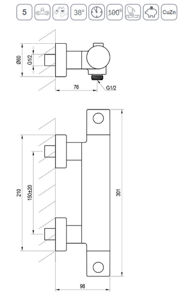 смеситель для душа ravak puri pu 033.20/150 x070188 с термостатом, черный матовый