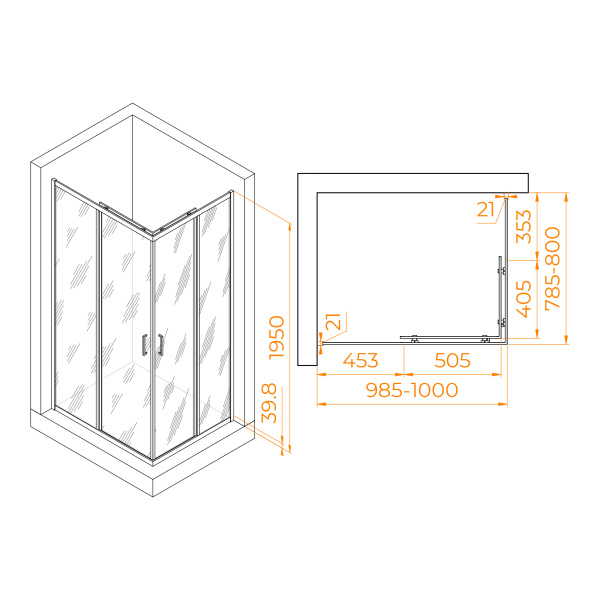 душевой уголок rgw passage pa-040b 100×80 3508104080-14 профиль черный, стекло прозрачное
