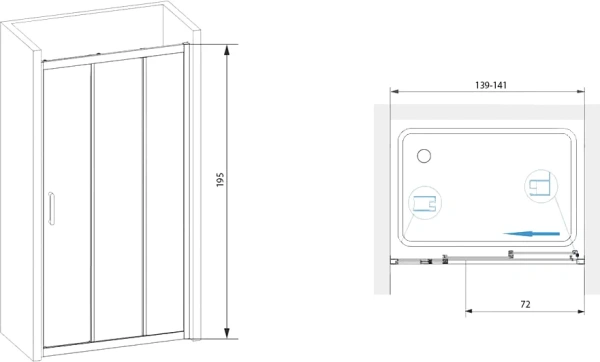 душевая дверь в нишу rgw passage pa-13 (139-141) x195 профиль хром, стекло прозрачное