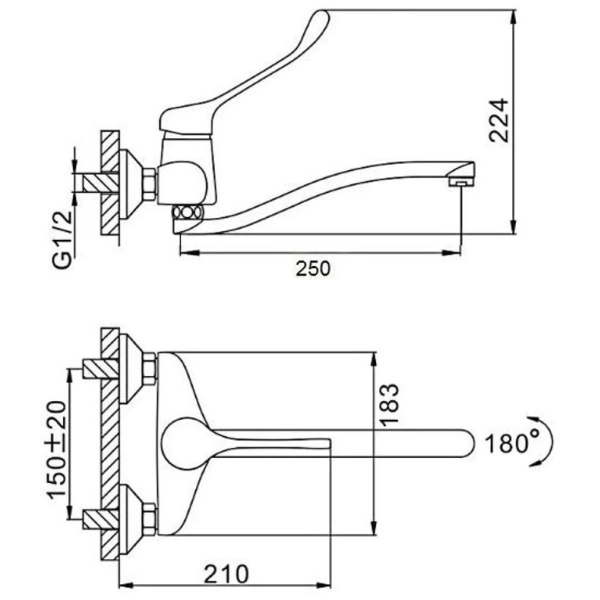 смеситель для кухни d-lin d141427 медицинский, локтевой, хром