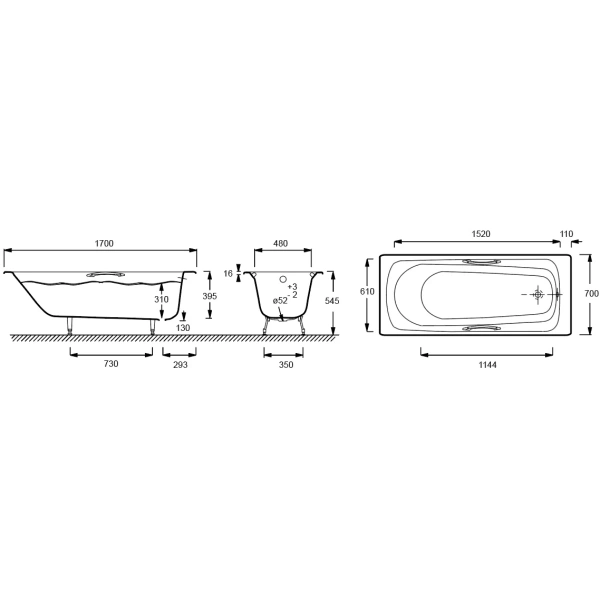 чугунная ванна jacob delafon melanie e2925-00 (gm) 170x70 см с отверстиями для ручек, белый